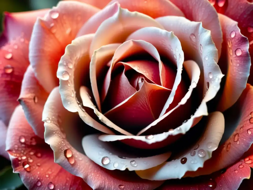 Un pétalo de rosa roja con gotas de agua, reflejando luz y sombra