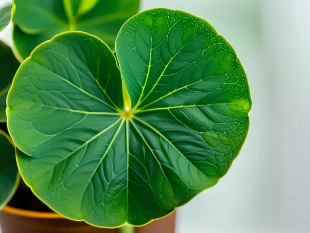 Una Pilea Peperomioides saludable exhibe sus hojas verdes redondas con patrones únicos, sobre fondo blanco