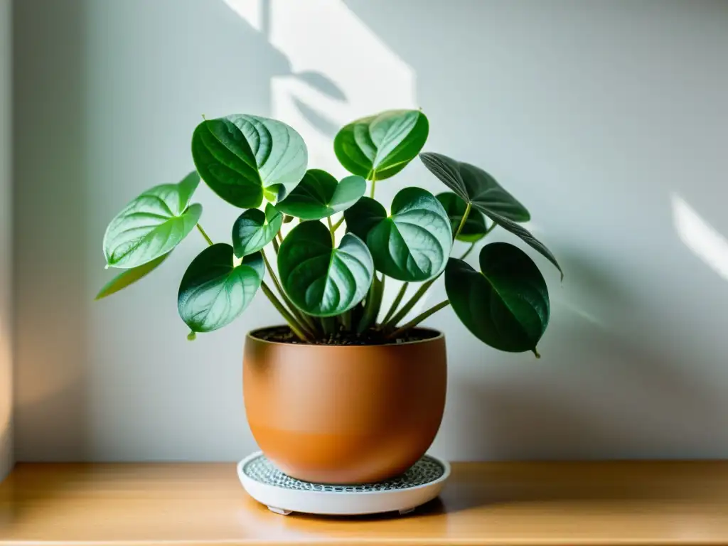 Una Pilea Peperomioides saludable en una maceta minimalista blanca, sobre un estante de madera moderno, irradia calma y sofisticación