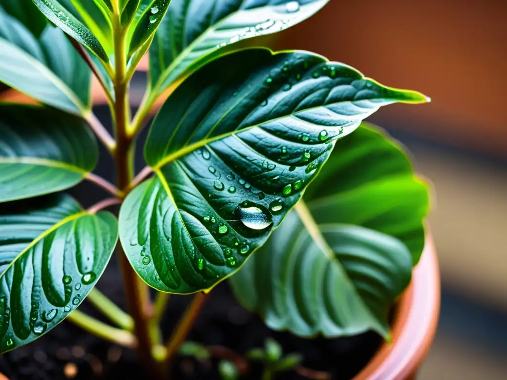 Prevención plagas por exceso riego: Detalle de planta de interior con gotas de agua en las hojas y la tierra, resaltando su exuberante verdor