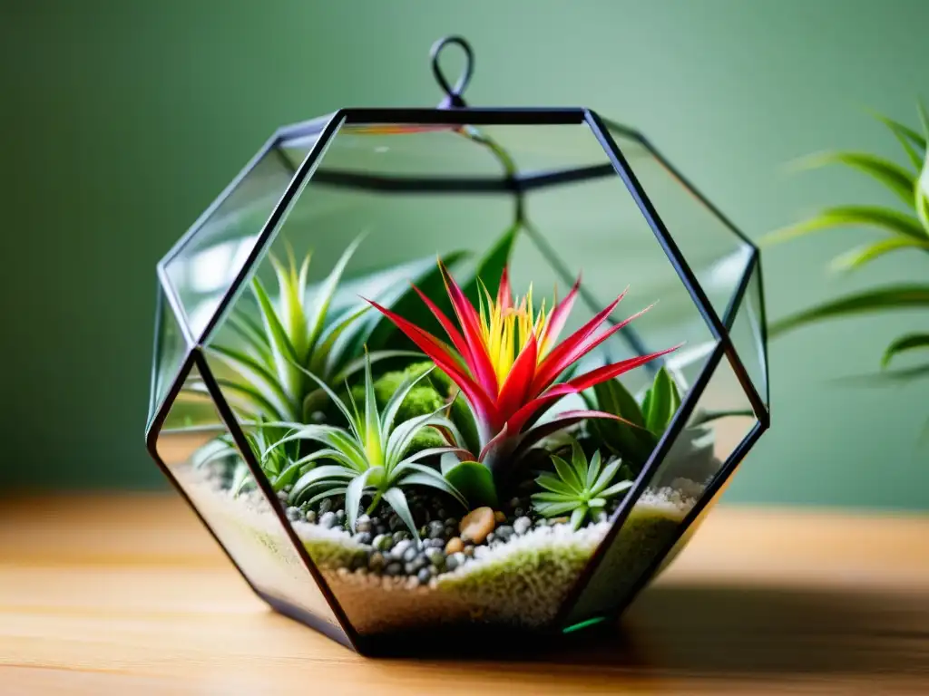 Una planta aérea saludable y detallada en un terrario de vidrio, creando un contraste entre lo orgánico y lo moderno