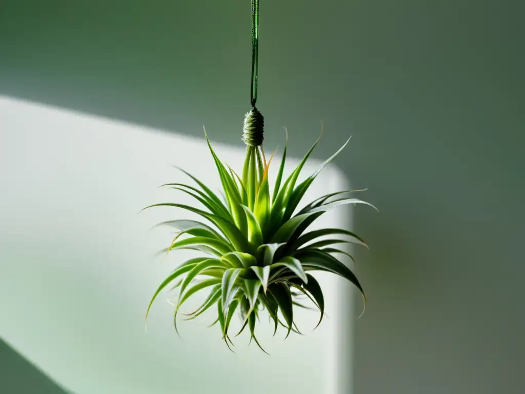 Una planta aérea Tillandsia suspendida en un soporte de acrílico transparente