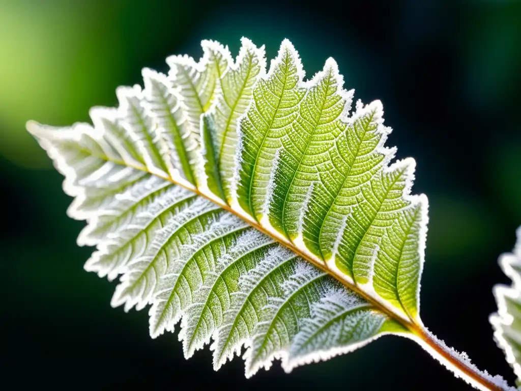 Recuperar planta afectada por frío: hoja cubierta de escarcha, resplandece la belleza de la helada sobre el verde vibrante