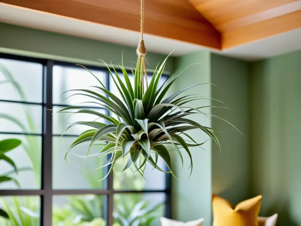 Una planta de aire Tillandsia podada con esmero flotando en un luminoso salón, creando una atmósfera serena y minimalista