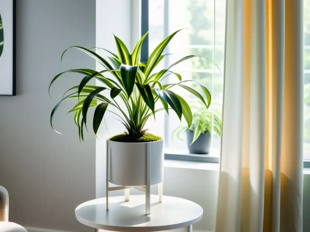 Una planta araña exuberante y verde se encuentra en un soporte blanco moderno en una habitación luminosa y aireada con luz indirecta