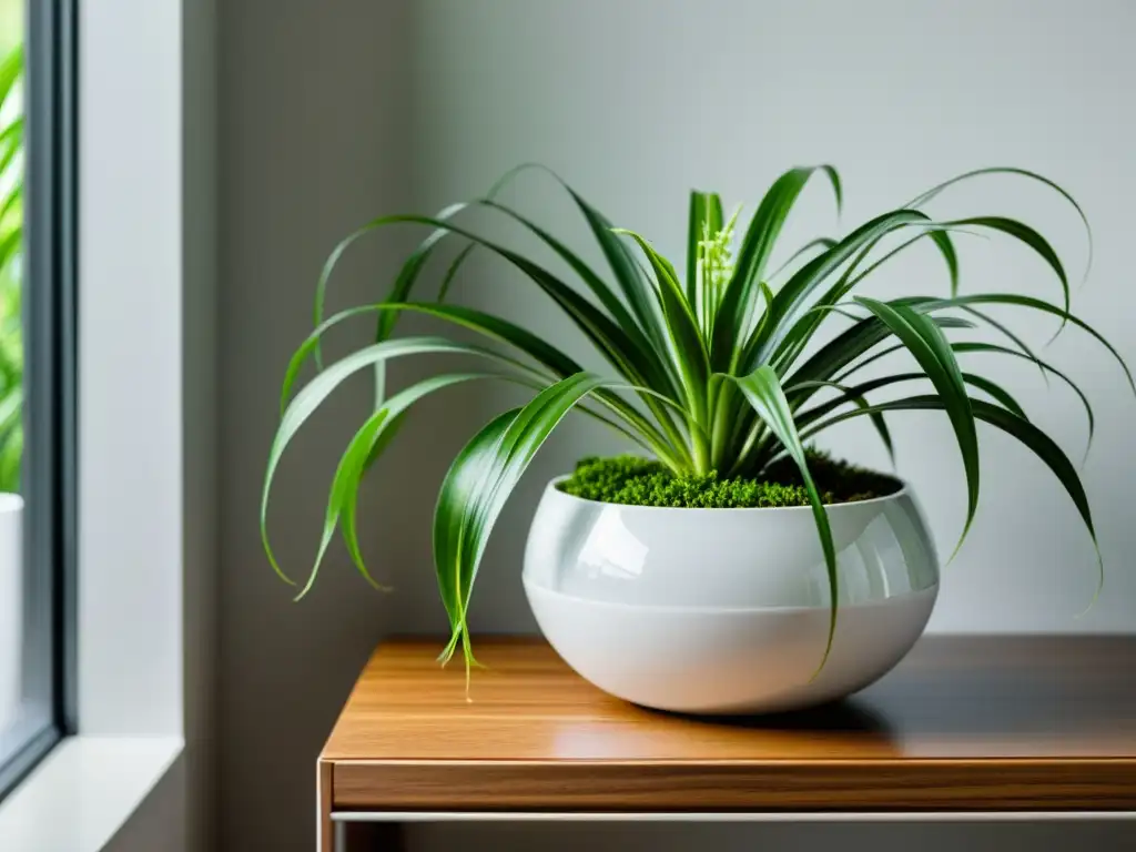 Una planta araña exuberante y verde (Chlorophytum comosum) en una elegante maceta blanca sobre una mesa de madera moderna