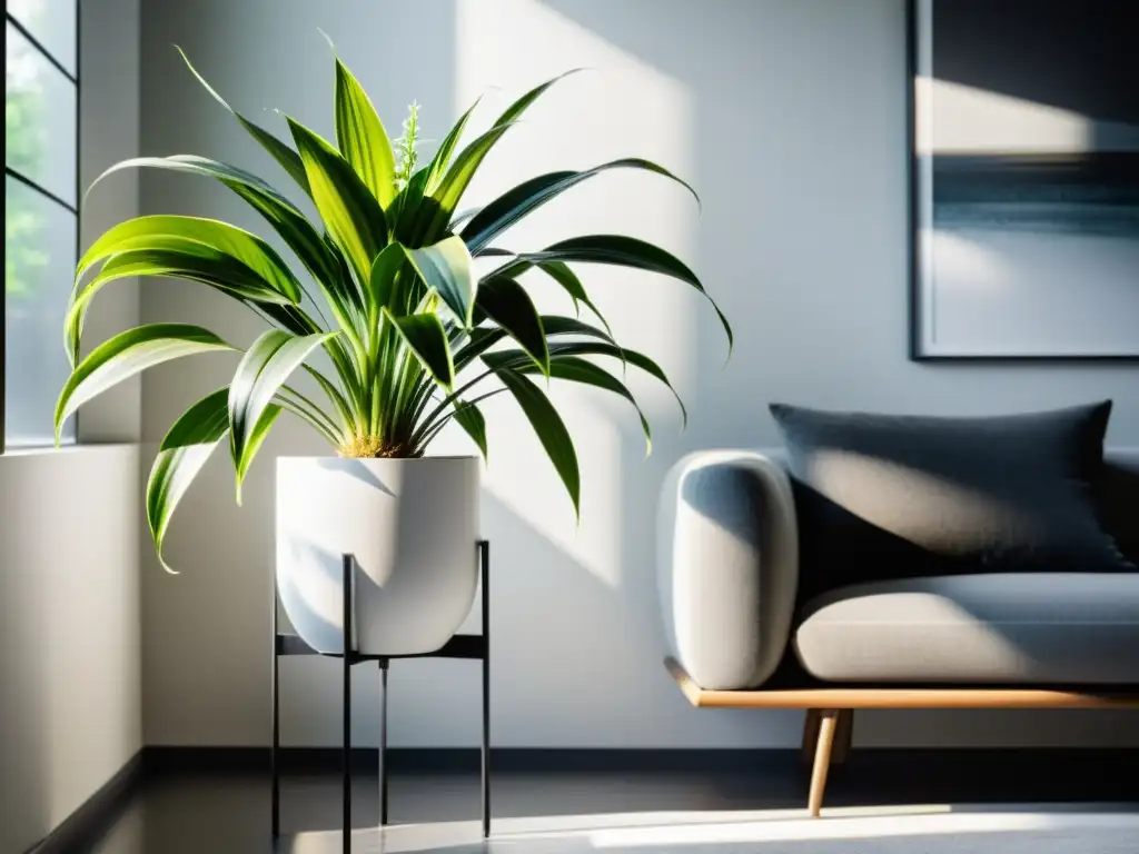 Una planta araña exuberante y verde en una maceta blanca, sobre un soporte metálico negro en una habitación luminosa