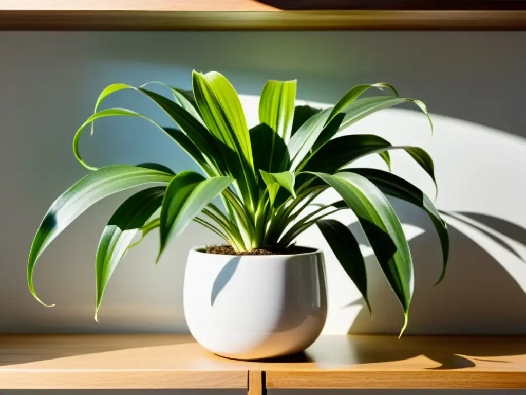 Una planta araña exuberante y verde en una elegante maceta blanca, iluminada por la cálida luz del sol