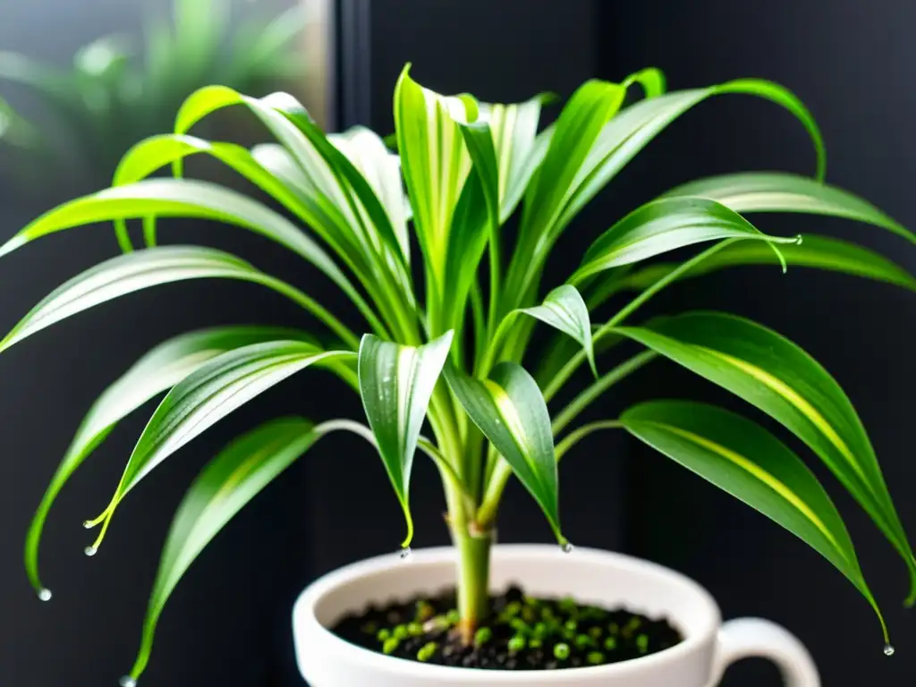 Una planta araña exuberante y vibrante en un elegante macetero blanco, bañada por la luz natural