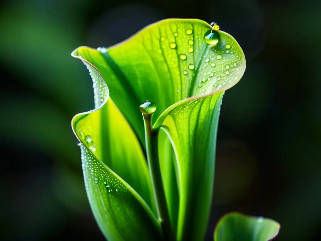 Una planta carnívora de color verde vibrante iluminada suavemente