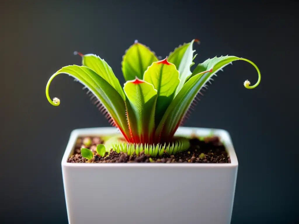 'Una planta carnívora Venus flytrap en un elegante macetero interior, con hojas verdes vibrantes y delicados pelos rojos