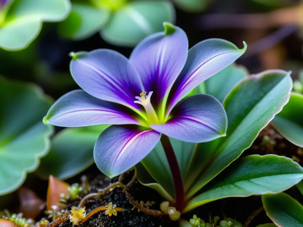 Planta carnívora Pinguicula con hojas pegajosas y cuidado de plantas carnívoras en interior