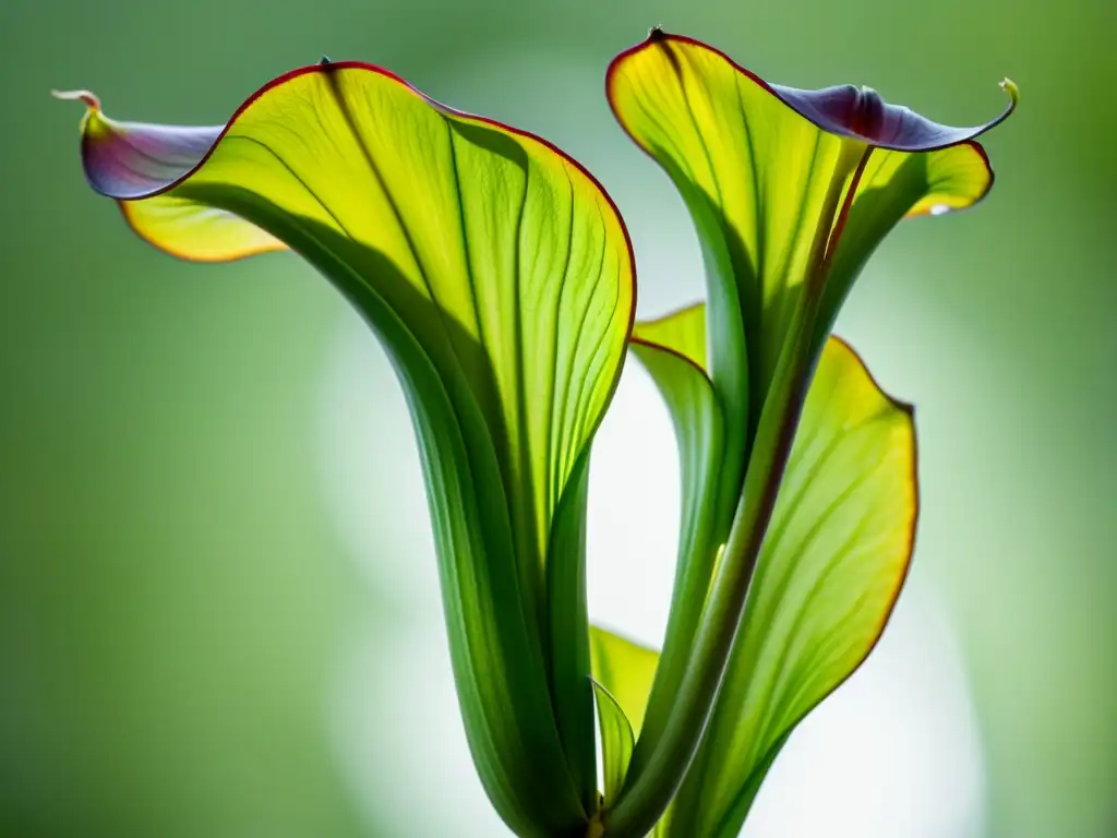 Una planta carnívora de interior, con hojas en forma de jarra y patrones delicados, brilla bajo la luz solar en un fondo blanco