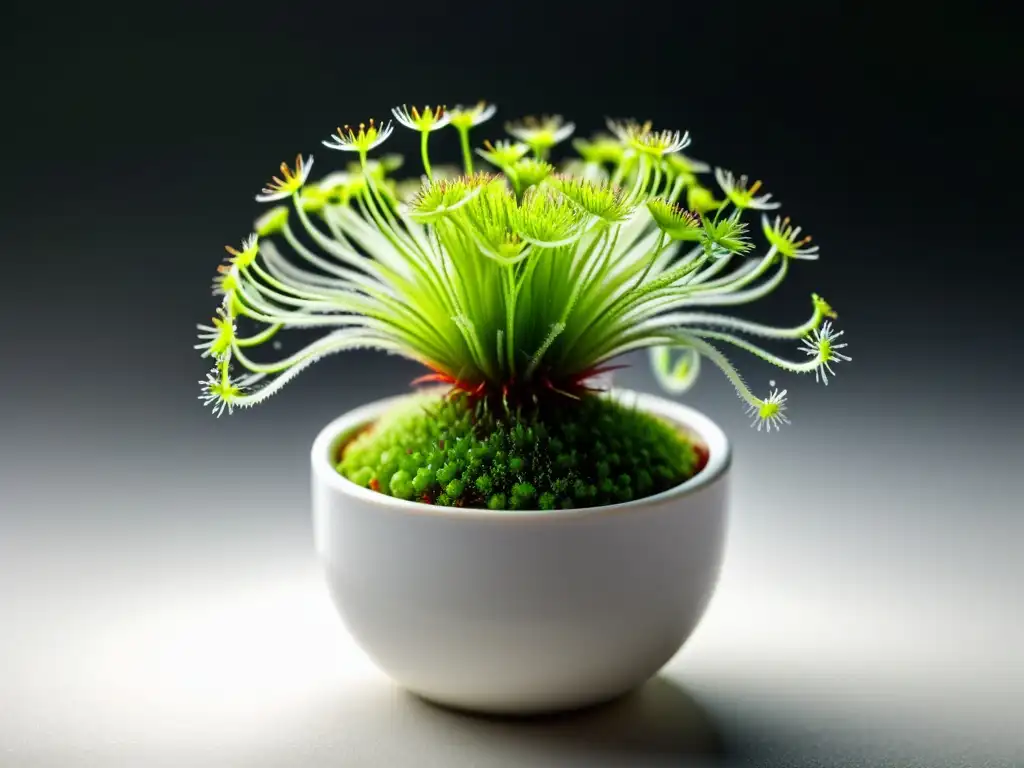 Planta carnívora Drosera capensis en maceta blanca, cuidados en interiores