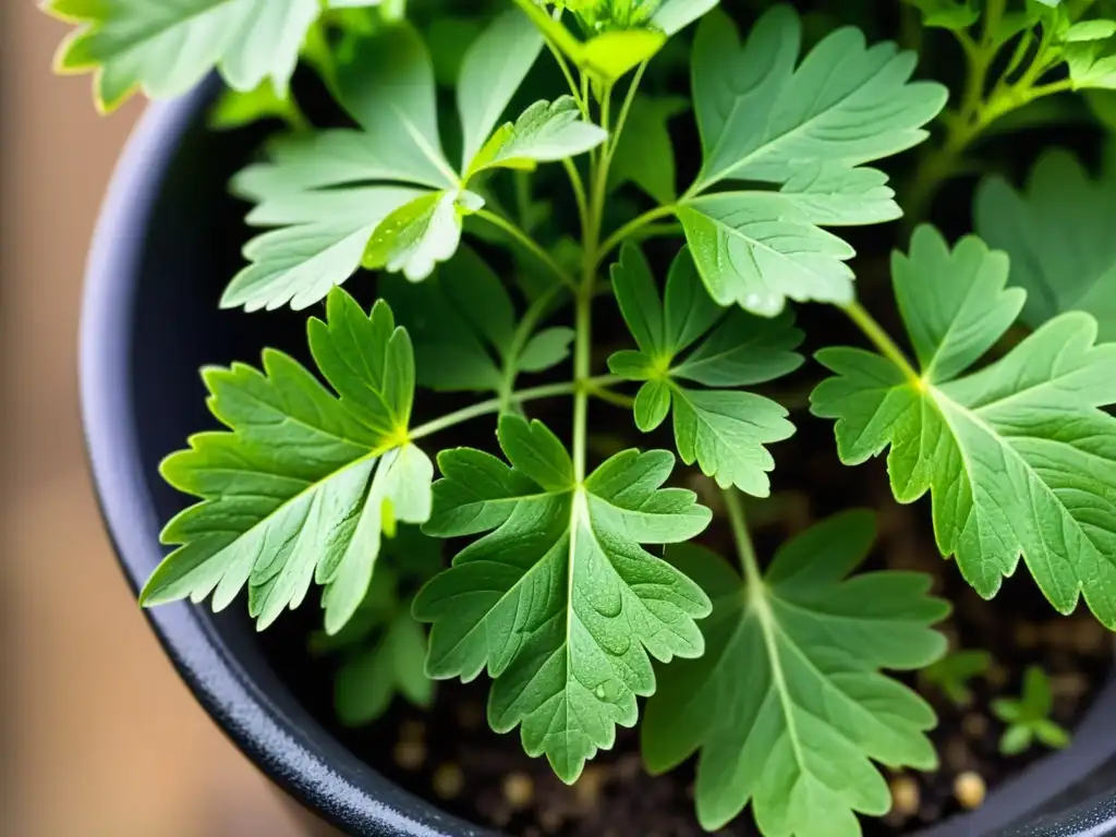 Una planta de cilantro vibrante y fresca en maceta, goteando agua, iluminada por el sol