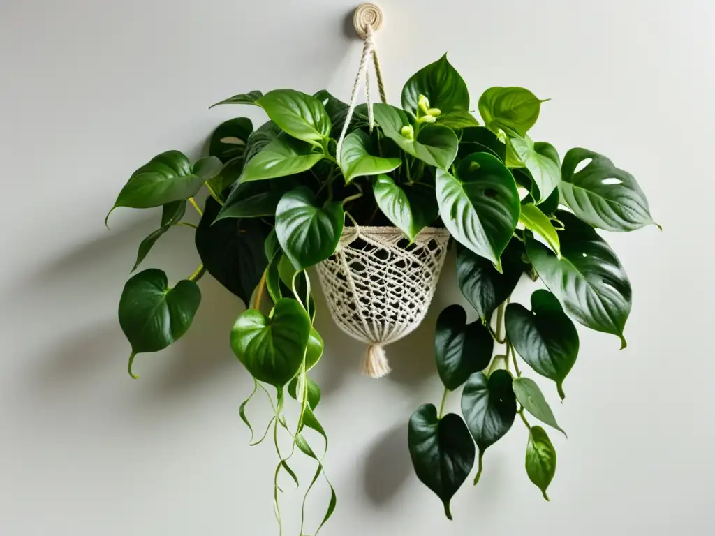 Planta colgante de pothos con hojas verdes y variegadas en macramé blanco, ideal para espacios limitados