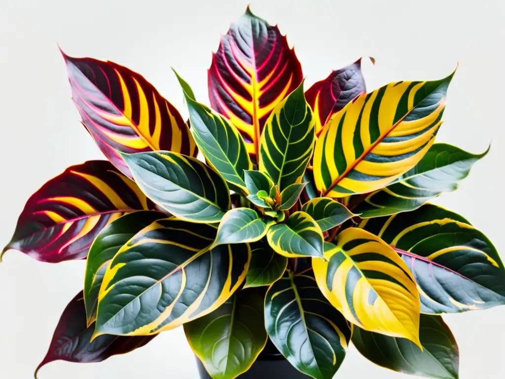 Una planta Croton Petra en su esplendor, con hojas vibrantes en verde, amarillo y rojo sobre fondo blanco