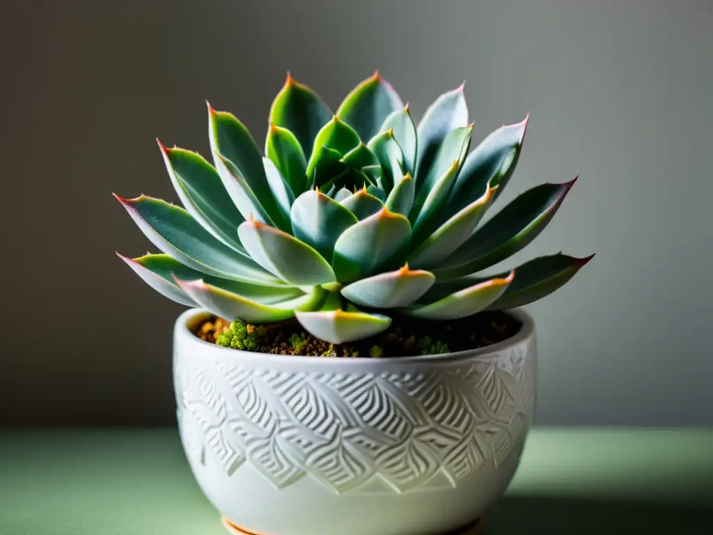 Fotografía de planta en espacios pequeños: Suculenta verde en maceta blanca, iluminada por luz natural, evocando tranquilidad y sofisticación