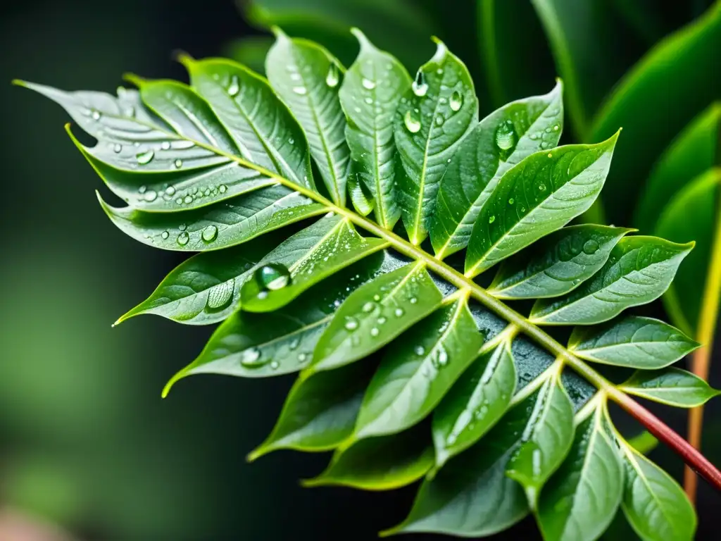 Una planta exuberante con gotas de lluvia, detallando su belleza natural