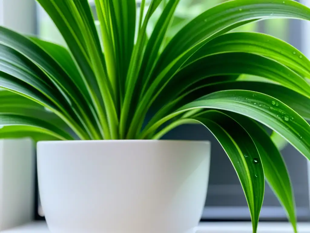 Una planta araña exuberante en una maceta blanca, con hojas delicadas y patrones verdes