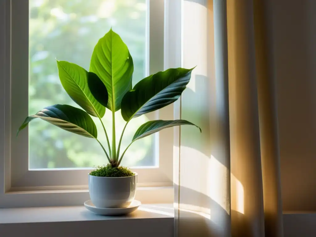 Una planta exuberante en un alféizar moderno, aclimatada a poca luz, bañada por una suave luz difusa