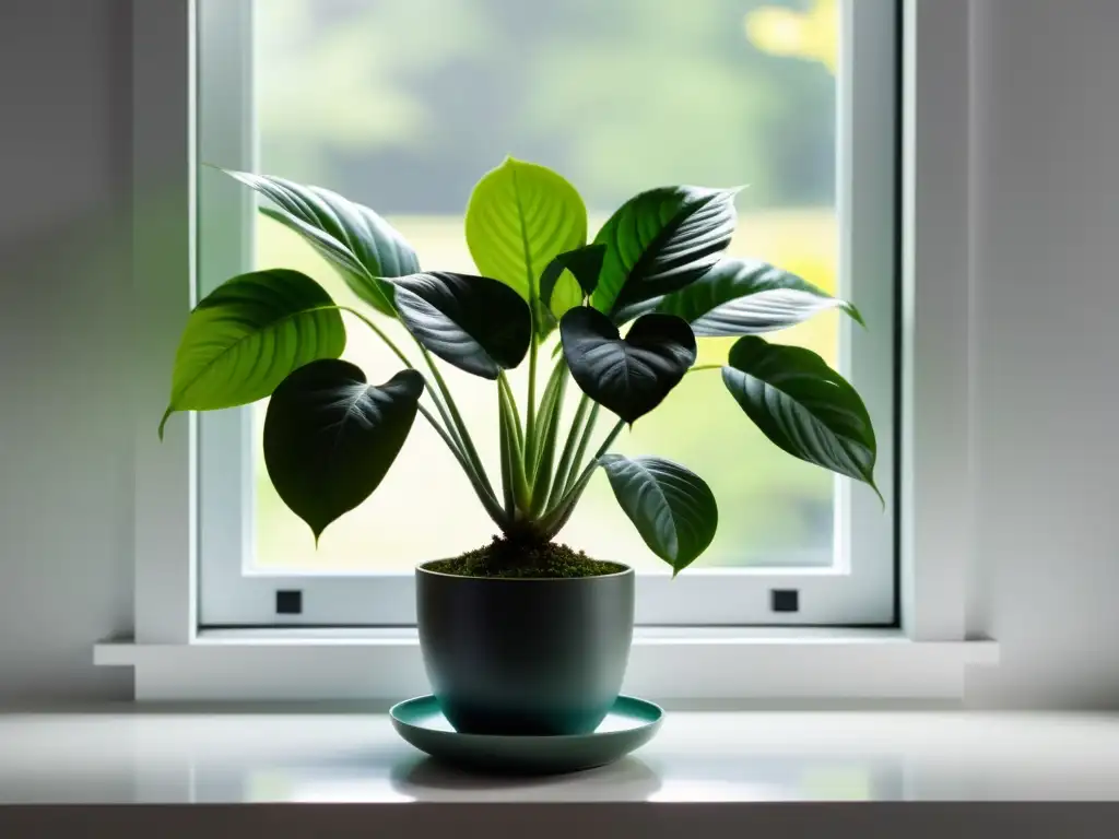 Una planta exuberante y saludable en un alféizar moderno, bañada por suave luz natural