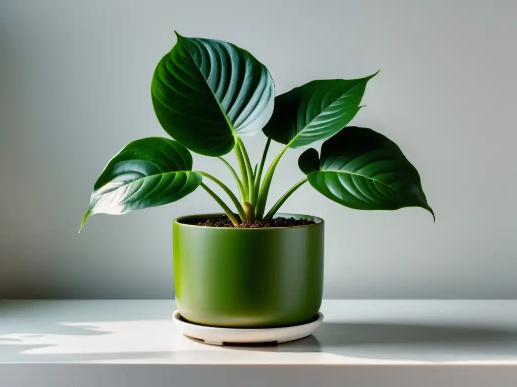 Una planta exuberante y vibrante en una elegante maceta de cerámica moderna, destacando los beneficios del Bokashi para plantas