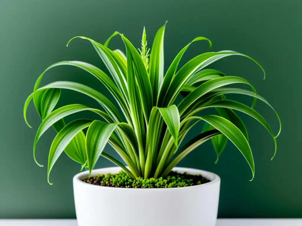 Una planta de araña exuberante y vibrante en maceta blanca, iluminada por la luz natural