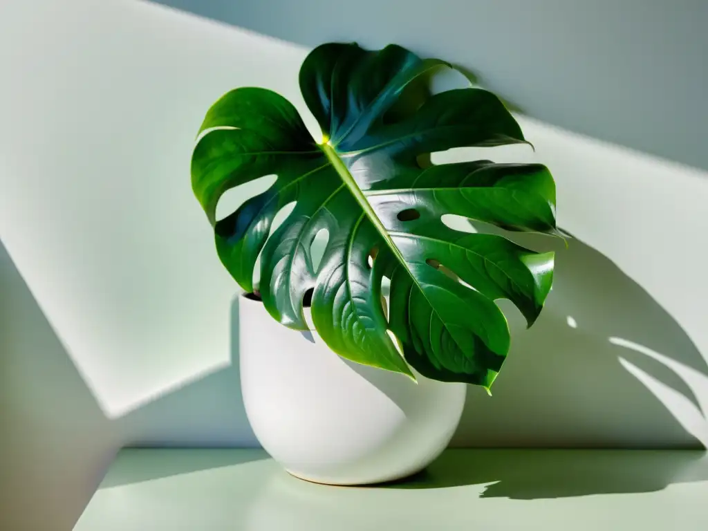 Planta grande de interior fácil: exuberante monstera con hojas brillantes en maceta blanca, iluminada por el sol, infundiendo belleza natural