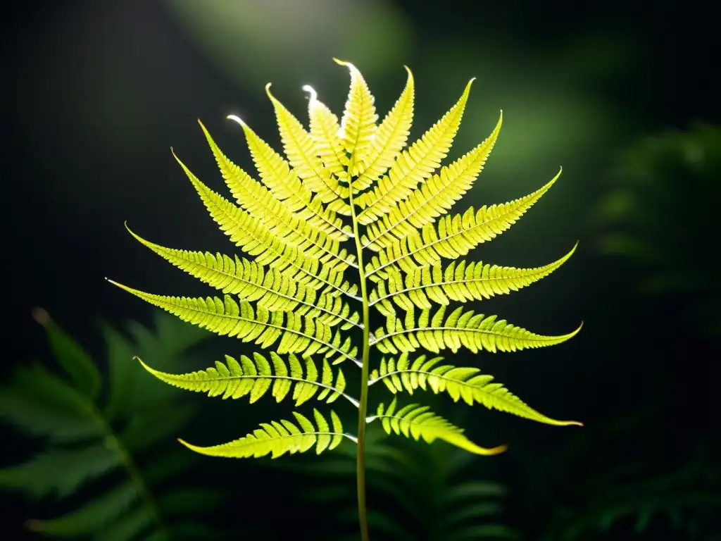 Planta de helecho verde en ambiente oscuro con gotas de agua