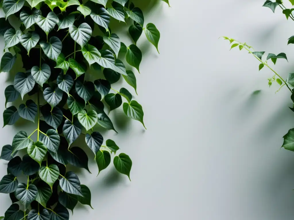 Una planta de hiedra verde exuberante trepando elegante por un enrejado moderno, creando una composición serena y visualmente impactante