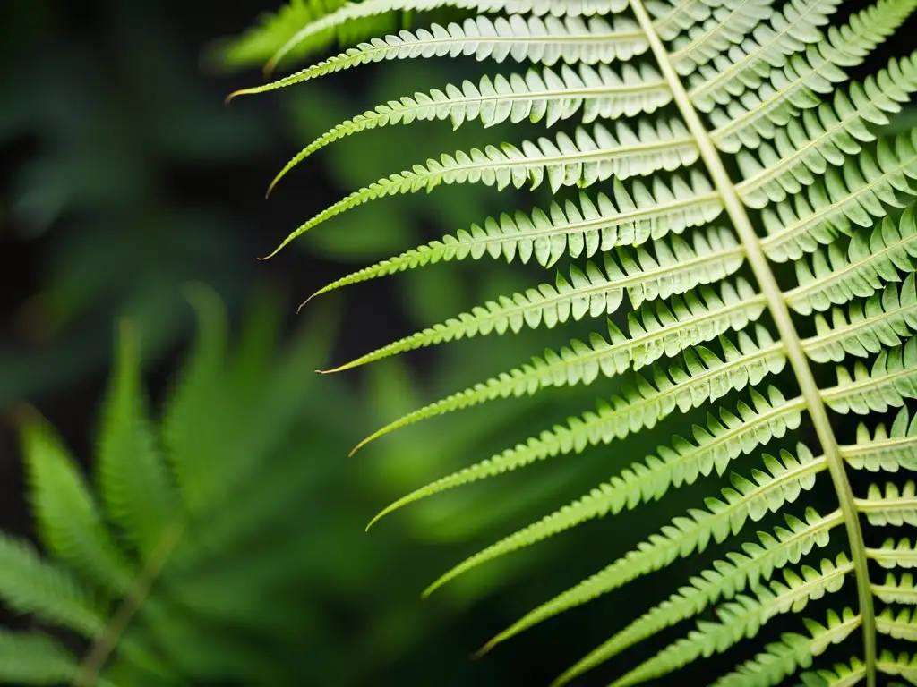 Detalles intrincados de helecho verde: juego de luces y sombras Fotografía de planta de interior innovadora: Detalle de helecho verde con juego de luces y sombras