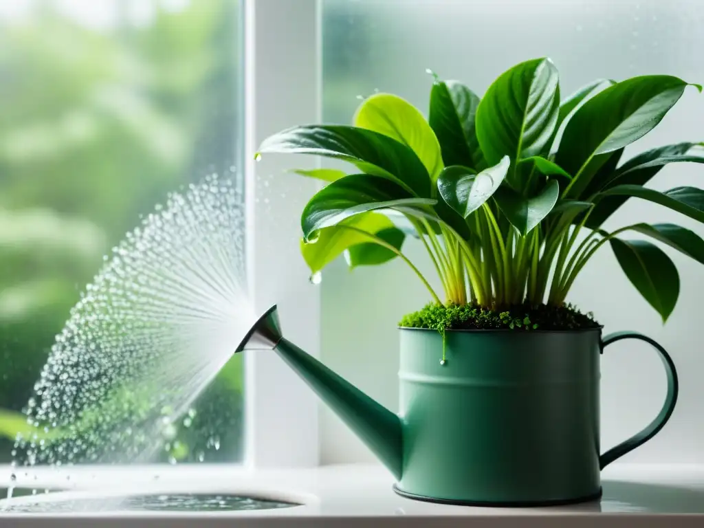 Planta de interior recibiendo agua de lluvia, resaltando los beneficios del agua de lluvia para plantas