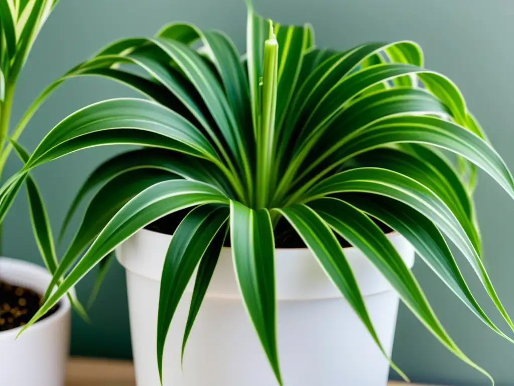 Una planta de interior para alergias: un detallado closeup de una exuberante planta araña en una elegante maceta blanca, bañada por suave luz natural