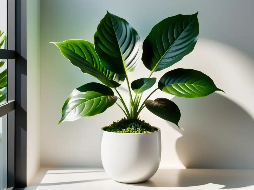 Planta de interior autolimpiable en elegante maceta blanca, iluminada por suave luz natural