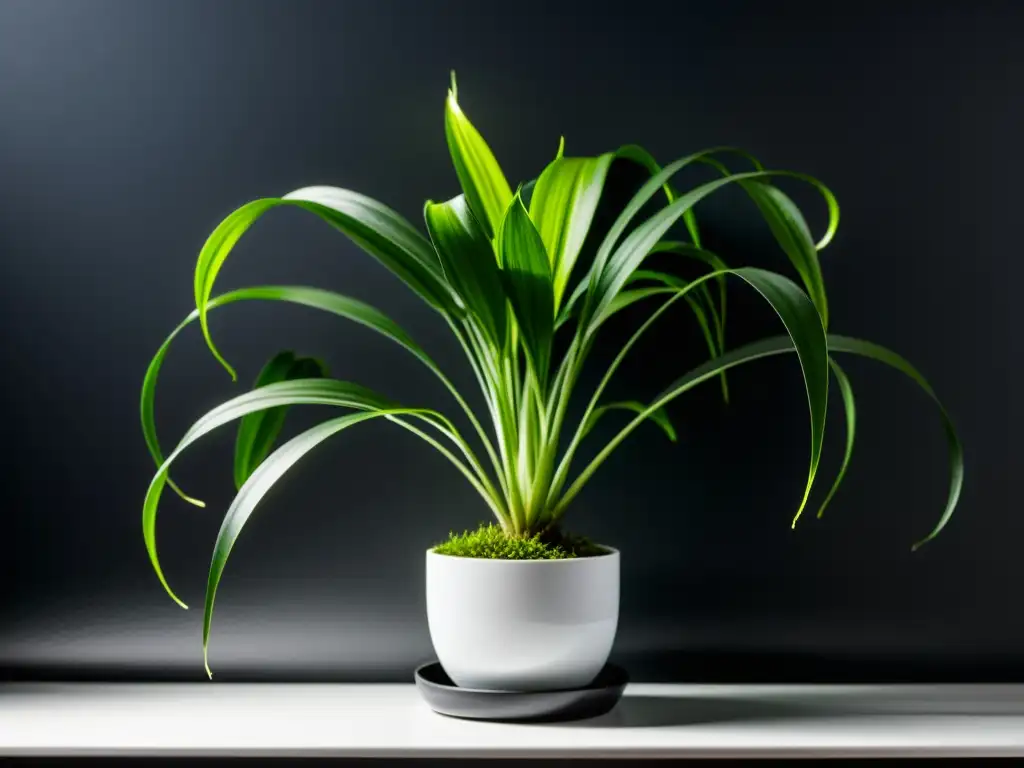 Planta de interior Chlorophytum comosum en estante blanco moderno, resaltando su adaptabilidad a la poca luz