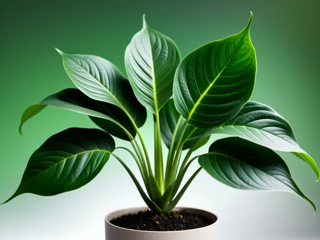 Planta de interior cuidada con hojas verdes y patrón simétrico en maceta moderna, iluminada por luz natural