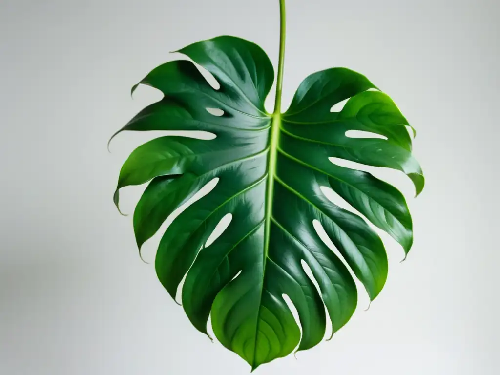 Fotografía de planta de interior cuidado: detallada imagen de monstera deliciosa con hojas verdes vibrantes en primer plano, sobre fondo blanco