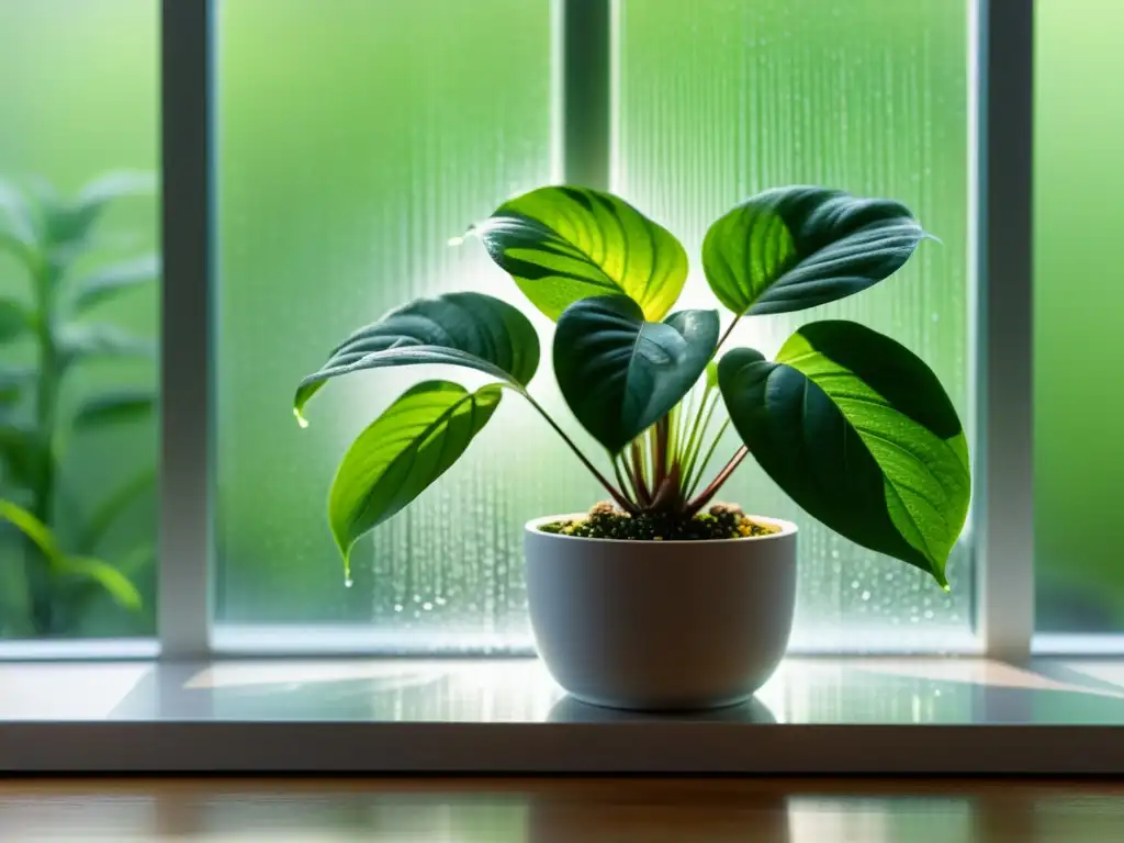 Planta de interior con cuidados especiales para el invierno, iluminada por suave luz invernal a través de la ventana empañada