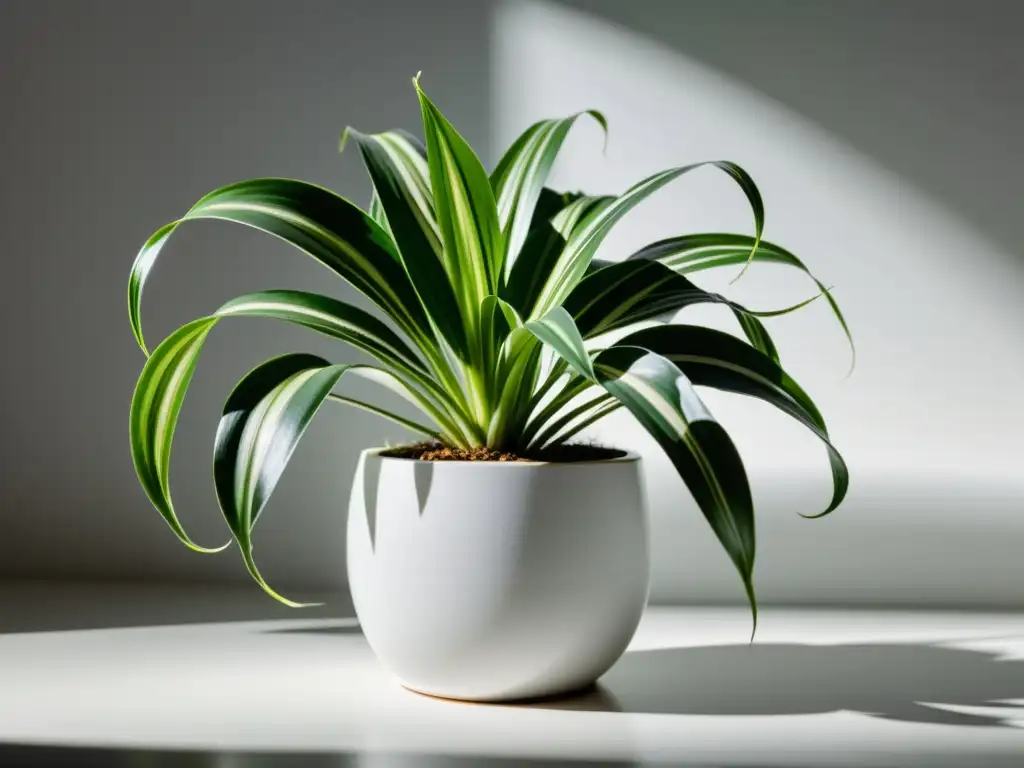 Planta de interior para purificar: Delicada planta araña en maceta blanca, con hojas largas y estampado rayado, iluminada por suave luz solar