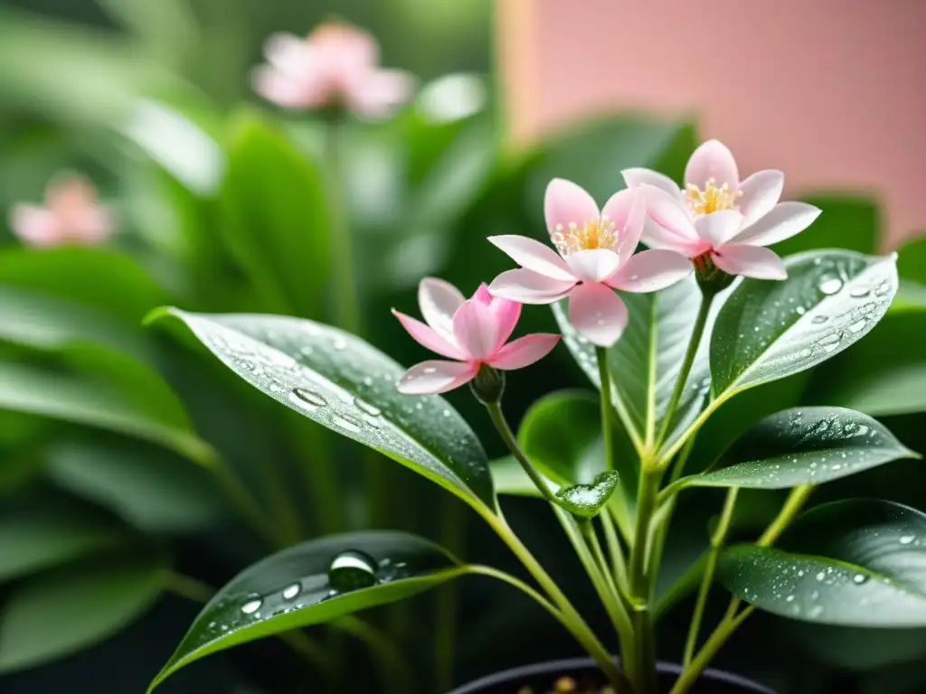 Planta de interior floreciendo con delicadas flores rosadas, rodeada de exuberantes hojas verdes