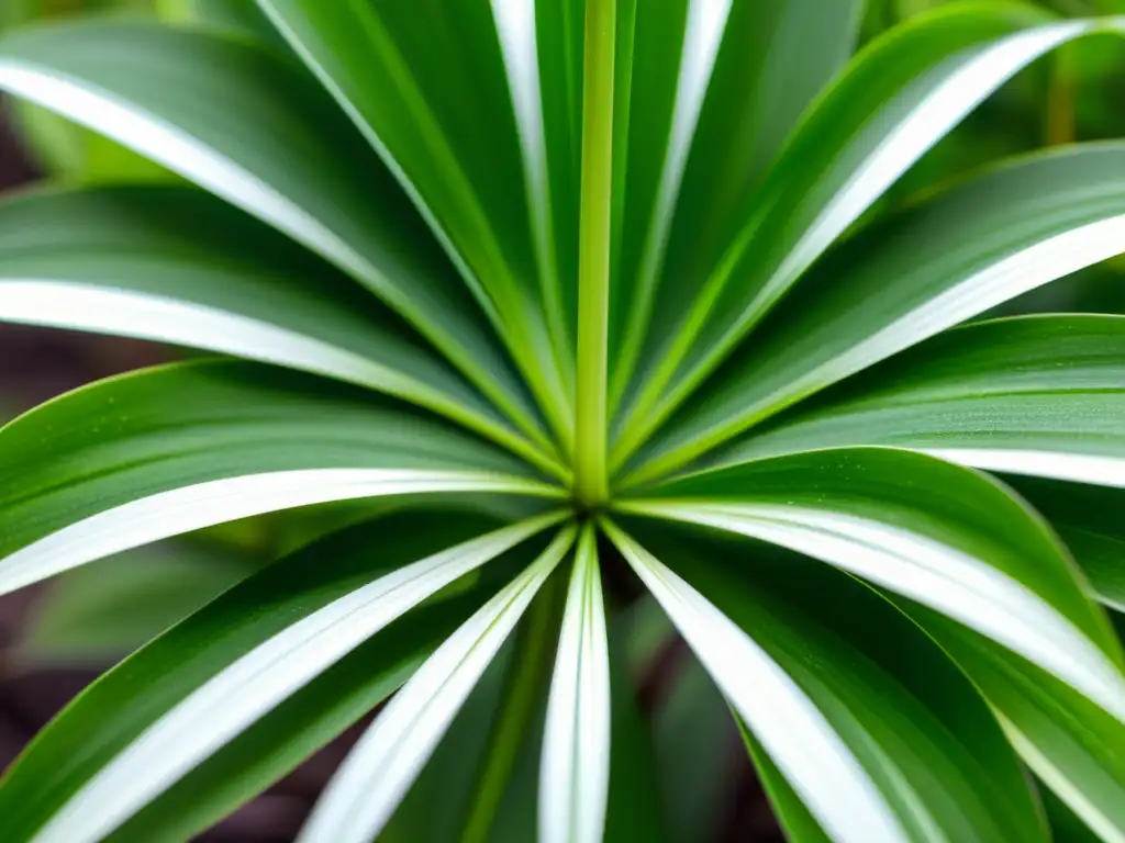 Una planta de araña interior con delicadas hojas verdes y rayas blancas, bañada en luz natural, transmite paz y pureza