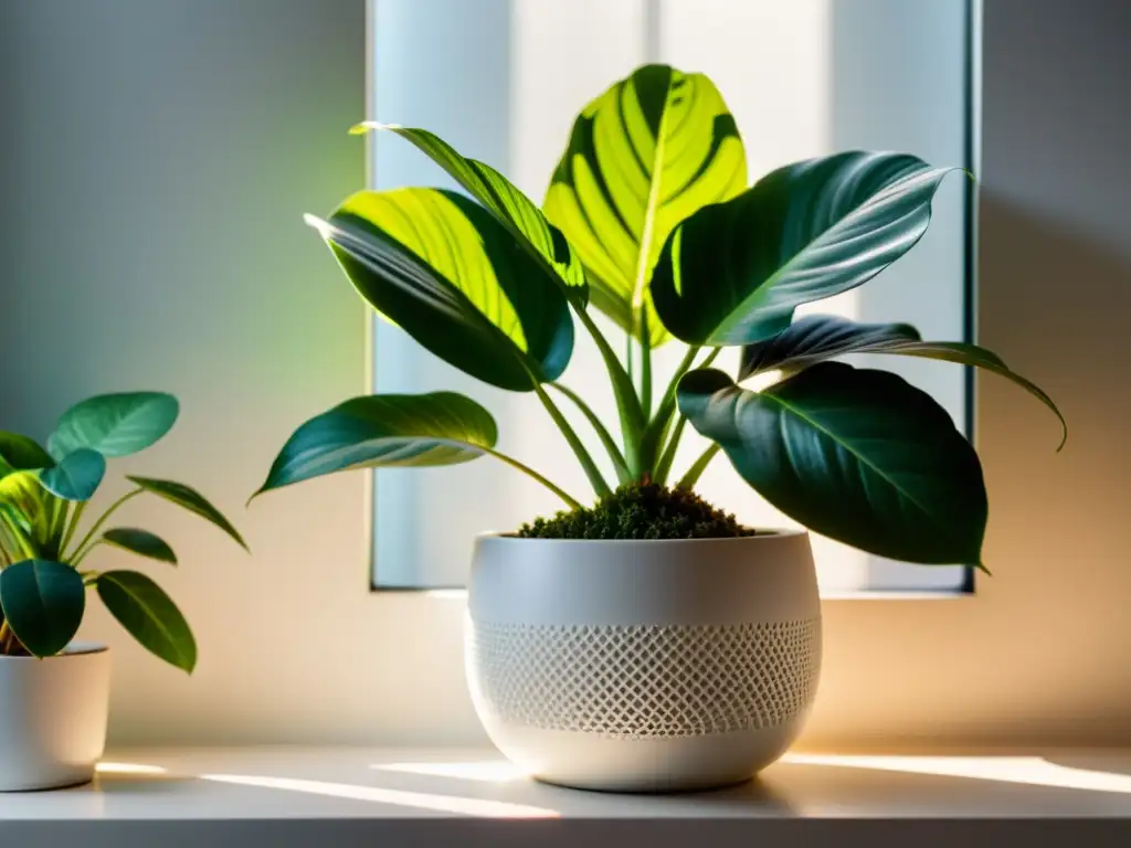 Planta de interior con efecto luz PAR, bañada en suaves rayos de sol, creando sombras y patrones en sus hojas verdes