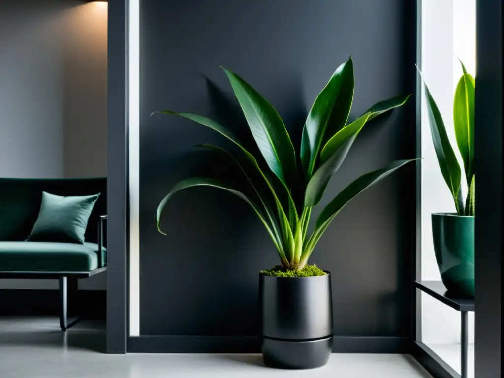 Planta de interior para espacios oscuros: Sansevieria trifasciata en elegante soporte negro en pasillo tenue, destacando su belleza resiliente