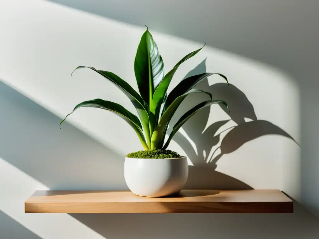 Planta de interior para espacios pequeños: maceta blanca con sansevieria verde en estante de madera junto a pared blanca, con luz natural