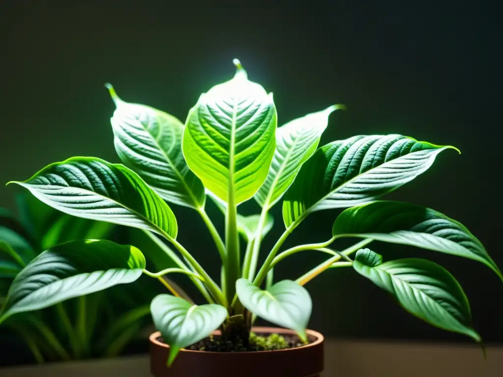 Una planta de interior exuberante bañada en la suave luz LED, resaltando su belleza