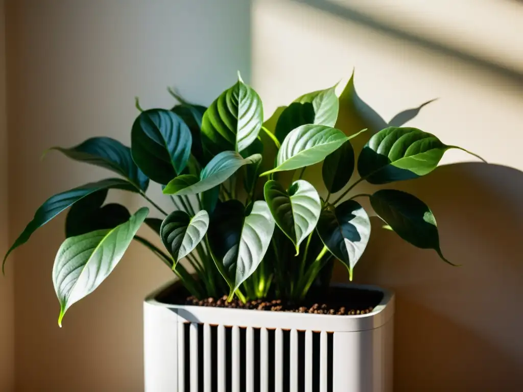 Planta de interior exuberante bañada por cálida luz cerca de la calefacción, ilustrando efectos calefacción en plantas interiores