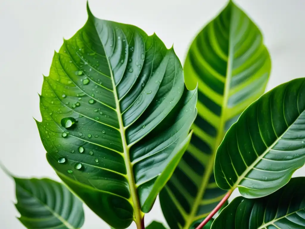 Planta de interior exuberante y delicada con gotas de agua, en fondo blanco