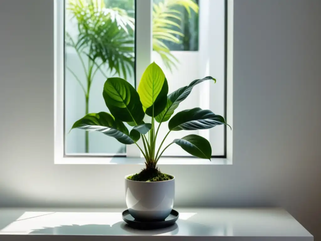 Una planta de interior exuberante y delicada, iluminada por la suave luz natural, en un entorno interior moderno y tranquilo