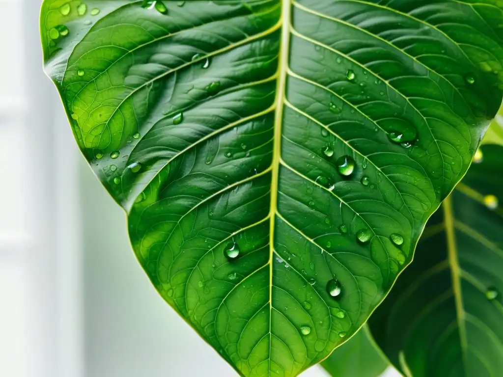 Una planta de interior exuberante y detallada, con patrones de venas visibles en las hojas, bañada por la luz natural